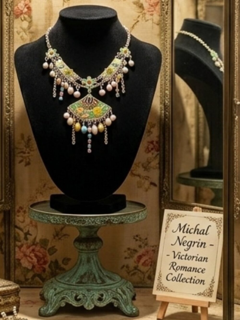 Michal Negrin Inspired Fan Necklace with Enamel Flowers & Pearls Vintage-Style